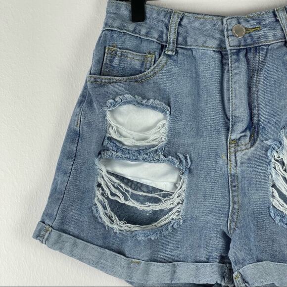 Shein Distressed High Rise Exposed Pockets Cuffed Blue Denim Jean Shorts Small - Picture 2 of 8